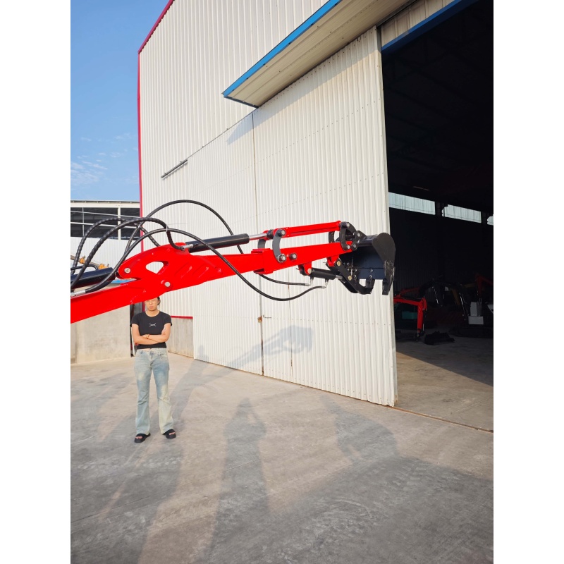 Mini excavator attachments: hydraulic thumb bucket and extended arm