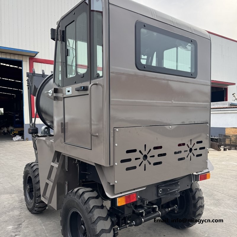 rear three-quarter view of the enclosed cab showing rear glazing and cab door