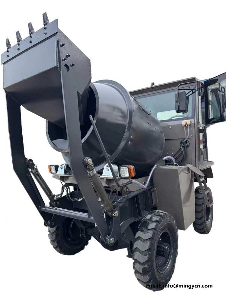 low angle white background view showing the elevated drum and hydraulic lift cylinder